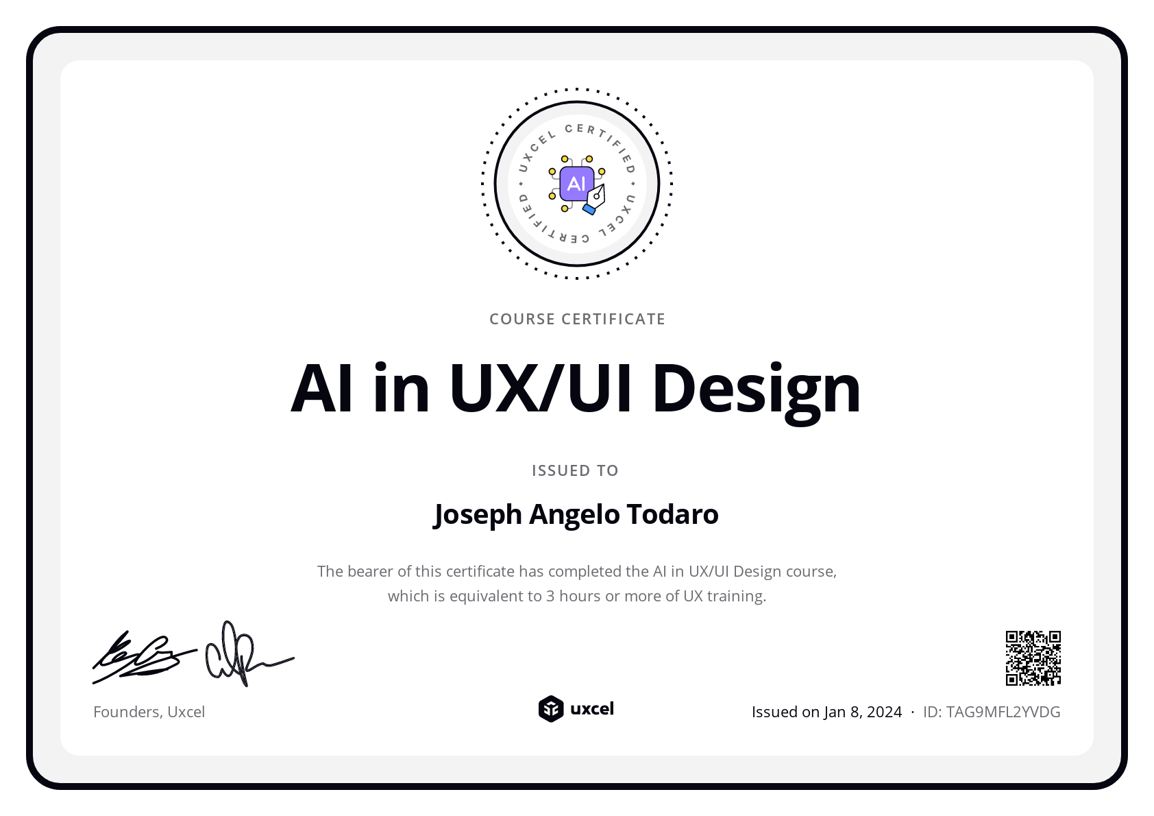 Joseph Angelo Todaro's certificate